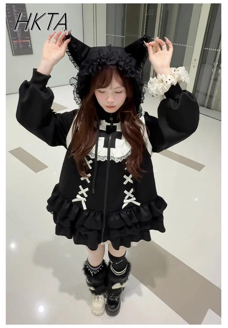 Origineel ontwerp Y2k Sweet Cool Sweatshirt Jas Lente Nieuwe Gothic Lange Mouw Zwart Witte Hoed Hoodies Lolita Meisjes Hoodie Jas