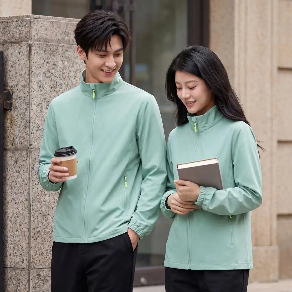 Custom Print Logo Spring Autumn Thin Stand Collar Jacket Men Women Couple Plus Size Windproof Outdoor Full Zip Light Coat