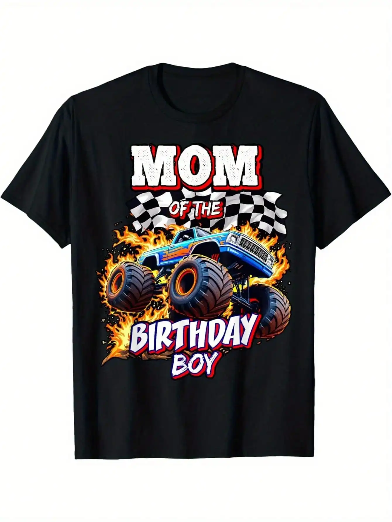 Mom Of The Birthday Monster Truck Birthday Novelty T-Shirt 180g,100% Pure Cotton Short Sleeved Shirt, Essential For Summer And Spring, Loose Casual Round Neck, Men's Letter Printed T-Shirt, Suitable For Sports Enthusiasts