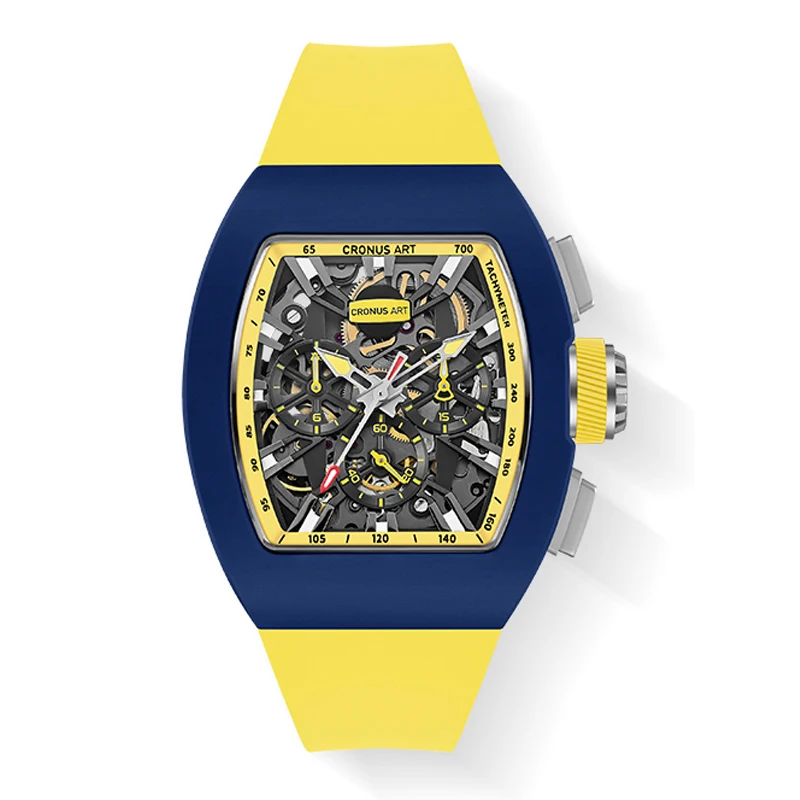 CRONUSART Men Automatic Watch 50MM Chronograph Tonneau Mechanical Wristwatch Luminous Fluororubber Case Skeleton Dial