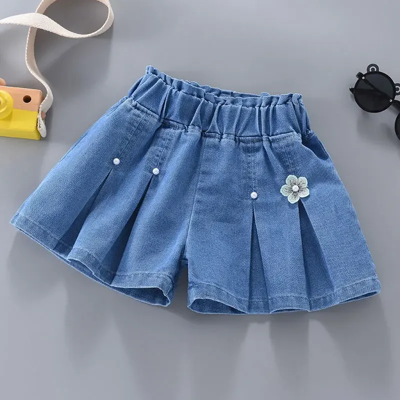 

2024 Baby Girls Beaded Flower Denim Skirts Shorts Summer Clothing Fashion Kids Children Casual Short Jeans Clothes Outfits