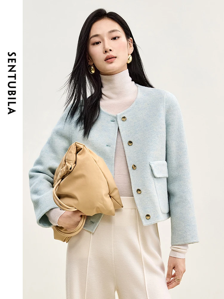 SENTUBILA Blue Coats for Elegant Women 2025 Winter Crew Neck Metal Single Breasted Wool Cropped Jackets Office Lady W44O56000