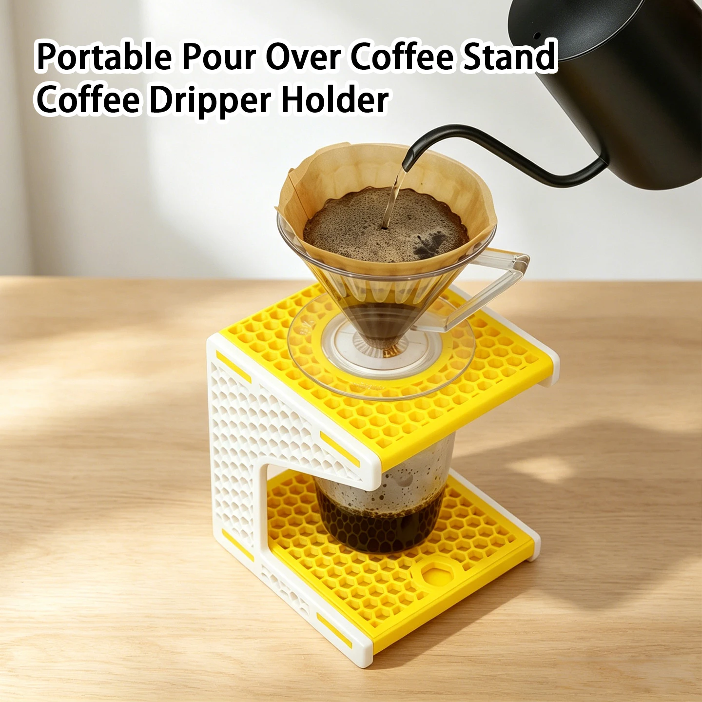 Two-tone Yellow & White Pour Over Coffee Dripper Stand, Honeycomb Hollow V-Shape Drip Rack
