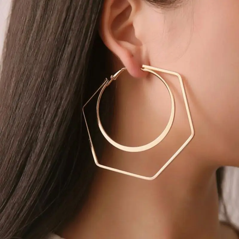 Punk Fashion Ear Jewelry Glossy Hexagon Round Large Hoop Earrings For Women Girl Big Geometric Exaggerate Loop Earrings Trendy