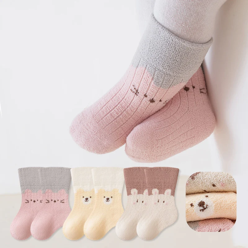 3 Pairs Cute Cartoon Baby Socks Winter Thick Coral Fleece Children Socks Warm Thermal Soft Toddler Socks for Baby Boys Girls