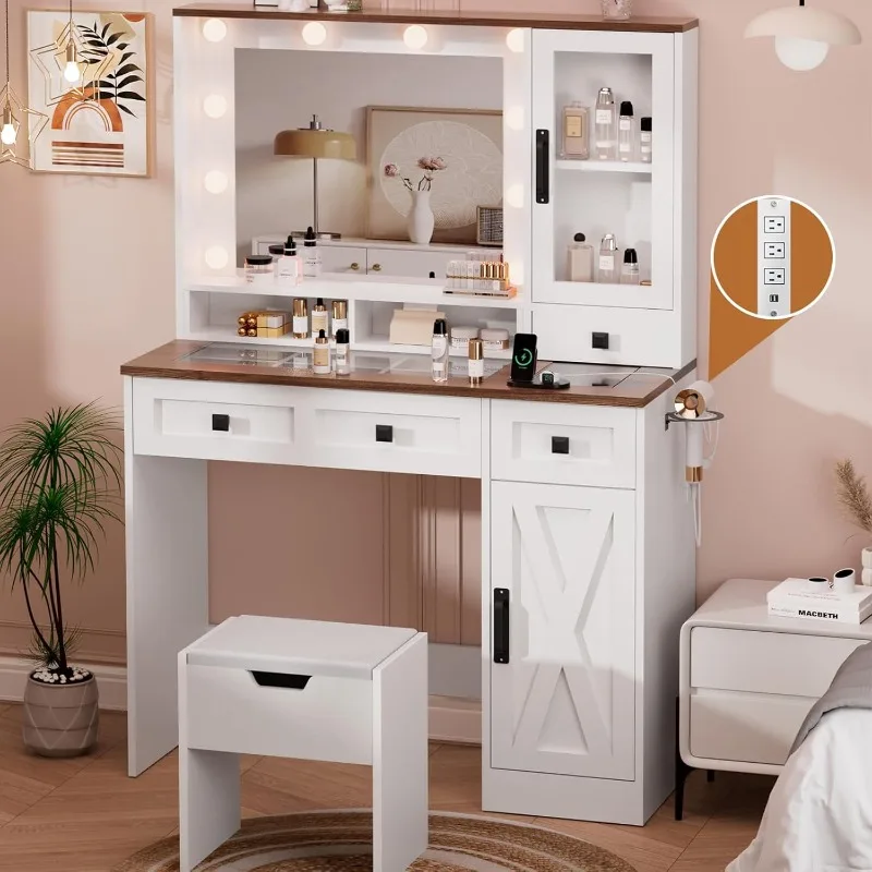 Vanity Desk with Mirror and Lights, White Modern Makeup Vanity with Charging Station, Dressing Table with Storage Chair Set