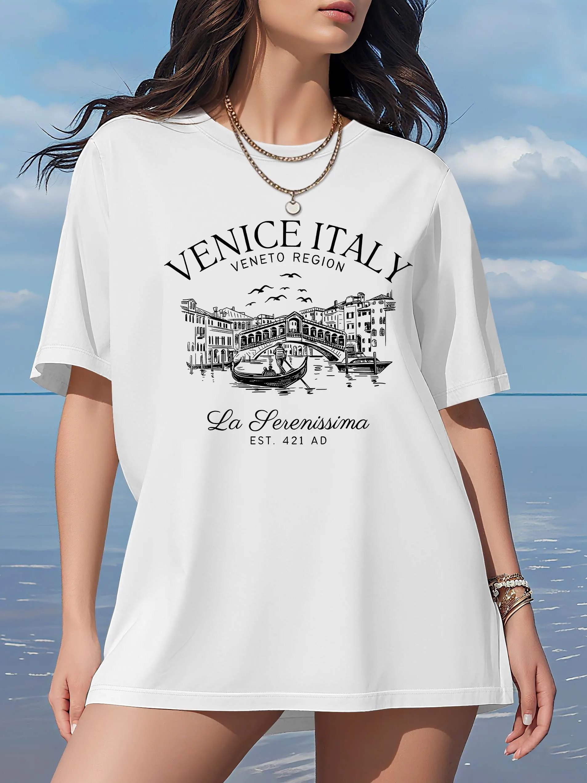 Grote maten dames wit T-shirt met korte mouwen, Venetië Italië print, Vintage Travel - geïnspireerde casual top