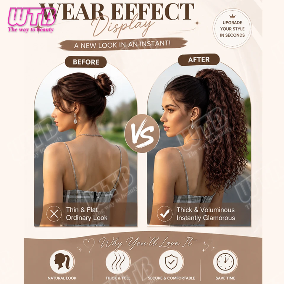 Ponytail Synthetic Wig Drawstring Clip-In Ponytail Hairpiece Voluminous Wavy Hair Extension for Women Suitable for Daily Wear