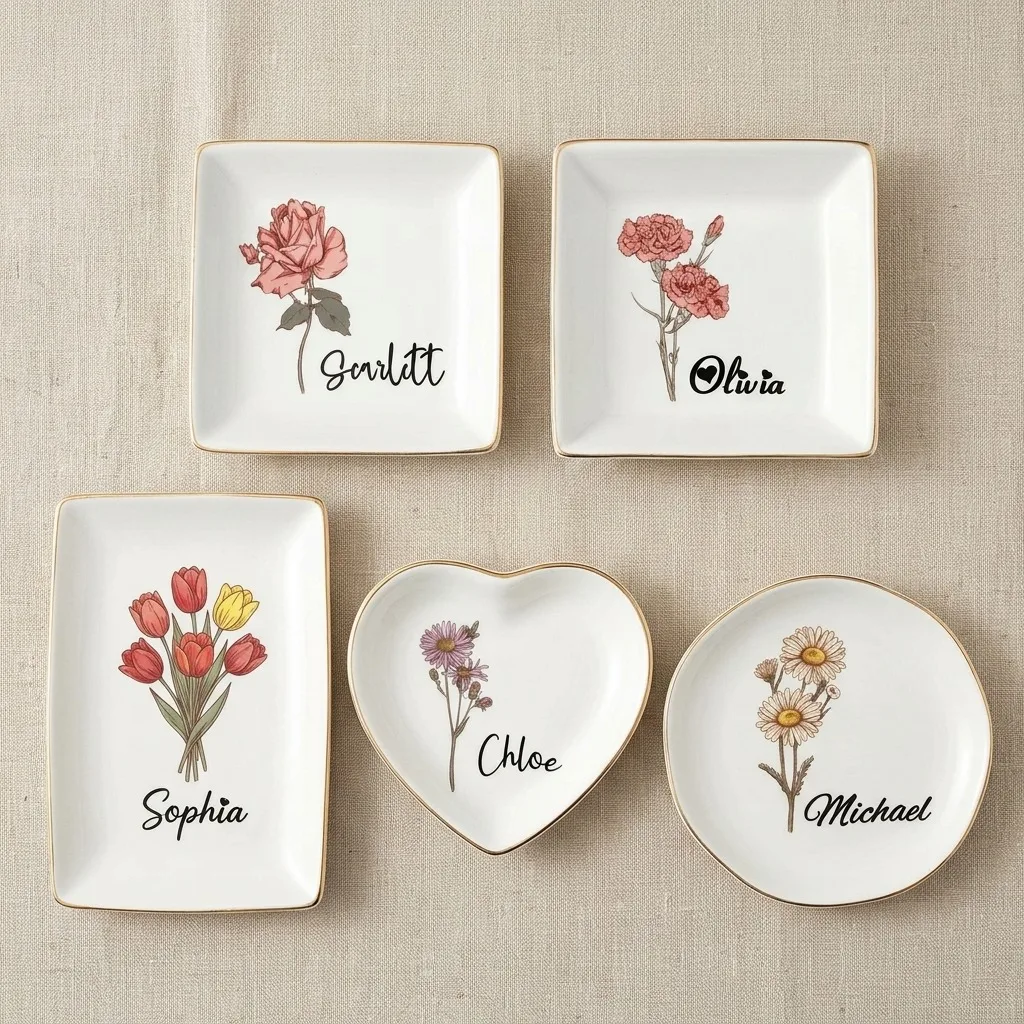Custom Birth Flower Ceramic Ring Dish, Custom Name Floral Trinket Tray, Gold Edge Jewelry Holder, Makeup Table Decor Gift.