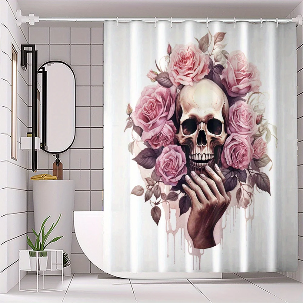 1pc/3pcs/4pcs Floral Skull Hand Digital Print Polyester Waterproof Shower Curtain, No-Drill Bathroom Partition, Cartoon Forest T