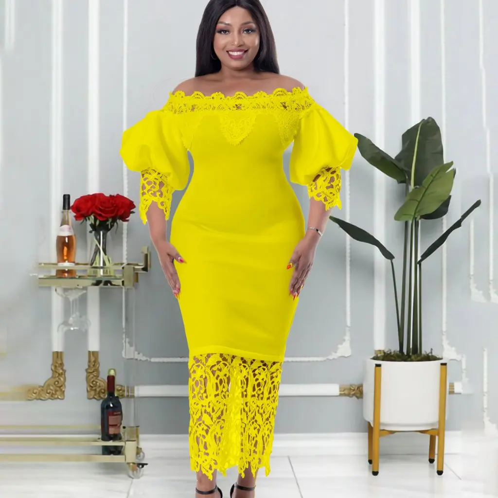 오프숄더 힙 레이스 스티칭 랜턴 슬리브 유럽 미국 스타일 드레스 신상 여성 패션 드레스