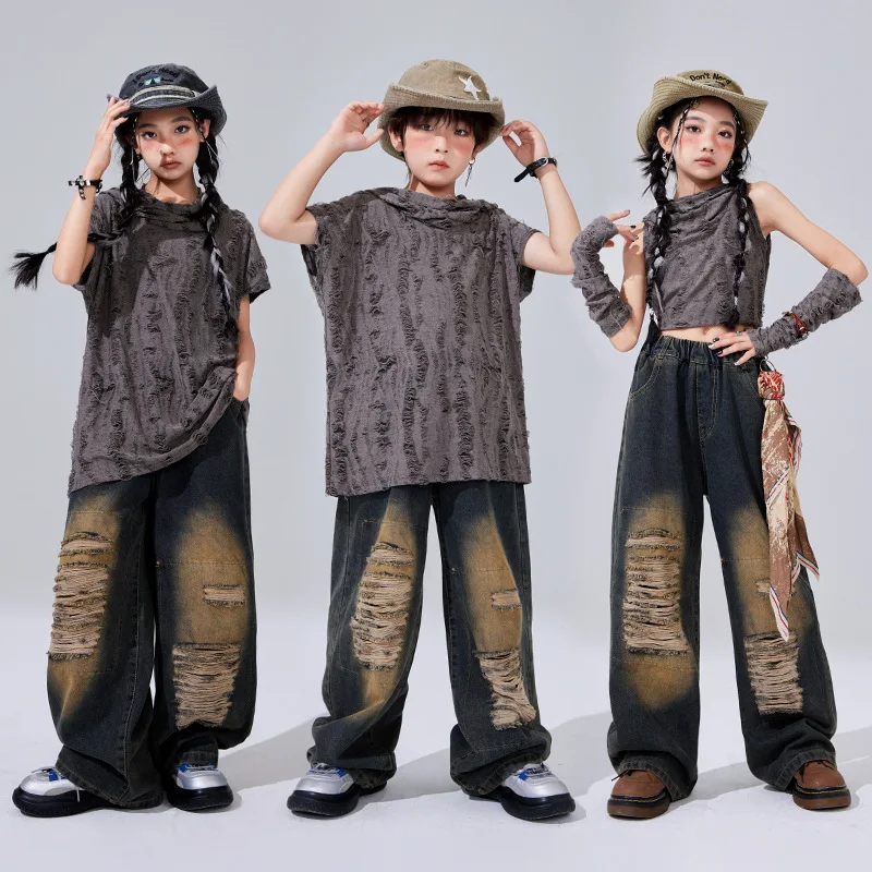 Boys Hip Hop Wasteland Punk Hoodies Ripped Denim Pants Girls Crop Top Jeans Child Streetwear Costume Kids Jazz K-pop Clothes