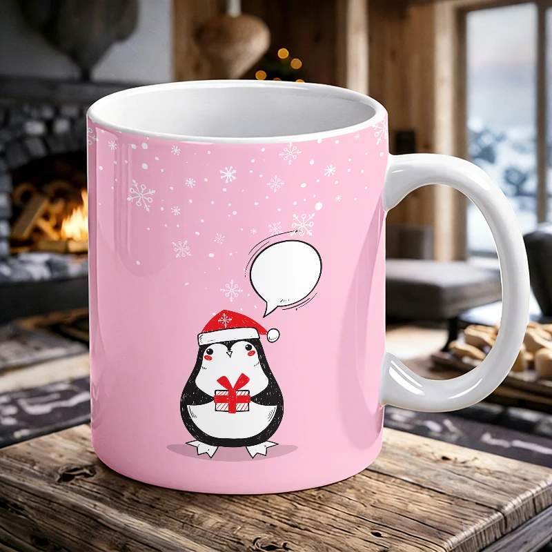 

Adorable Christmas Penguin with Gift and Thought Bubble ceramic cup，suitable as a gift.