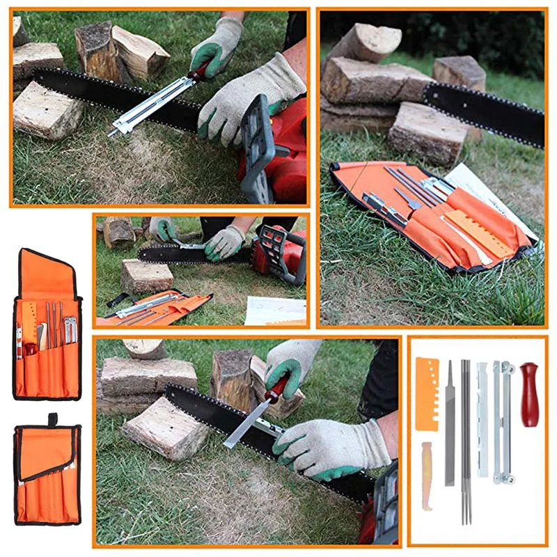 10/11/12 Pcs Set Professional Chainsaw Chain Sharpening Kit Tool Hardwood Handle Round/Flat File Guide Bar File Sharpener Tool