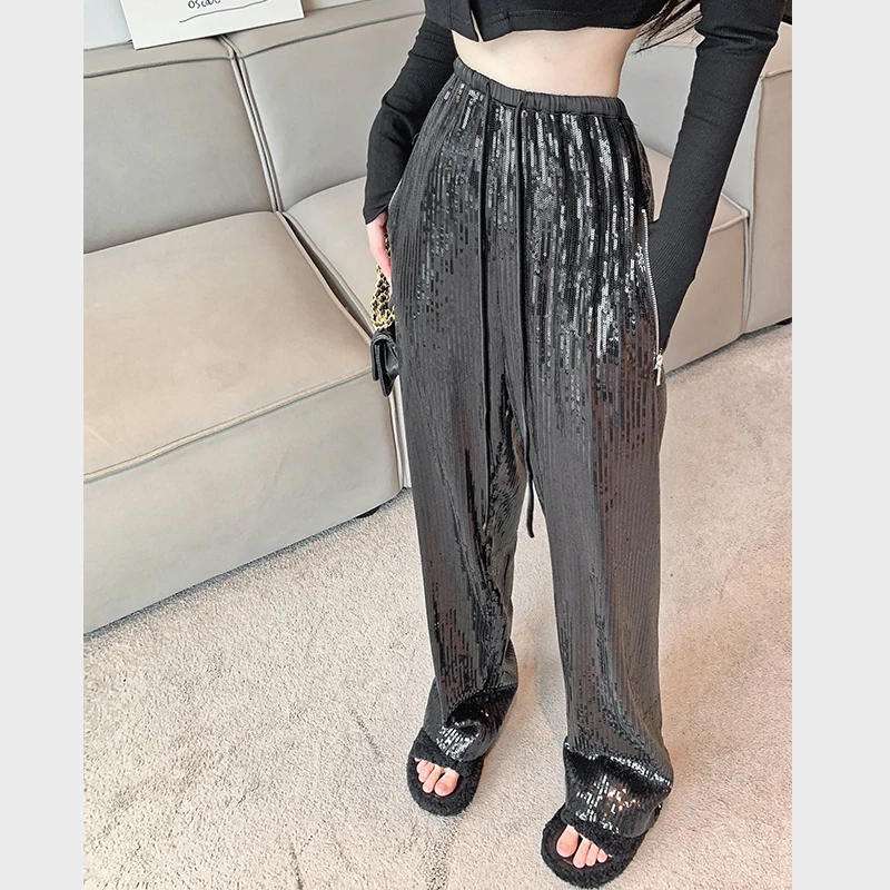 Sequined Wide-Leg Pants Women's Spring and Summer Design Shiny Casual Pants High Waist Drawstring Straight Mopping Pants