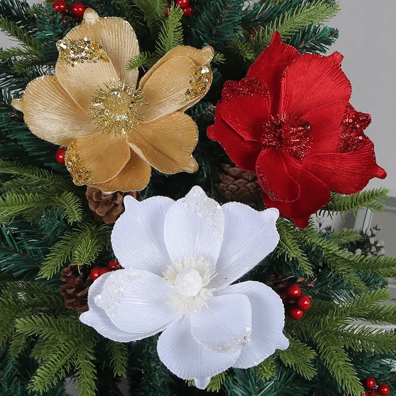 

High Quality 3 Layers Gold Powder Artificial Christmas Decoration Flowers For Home Interior Decoration Christmas Decorations