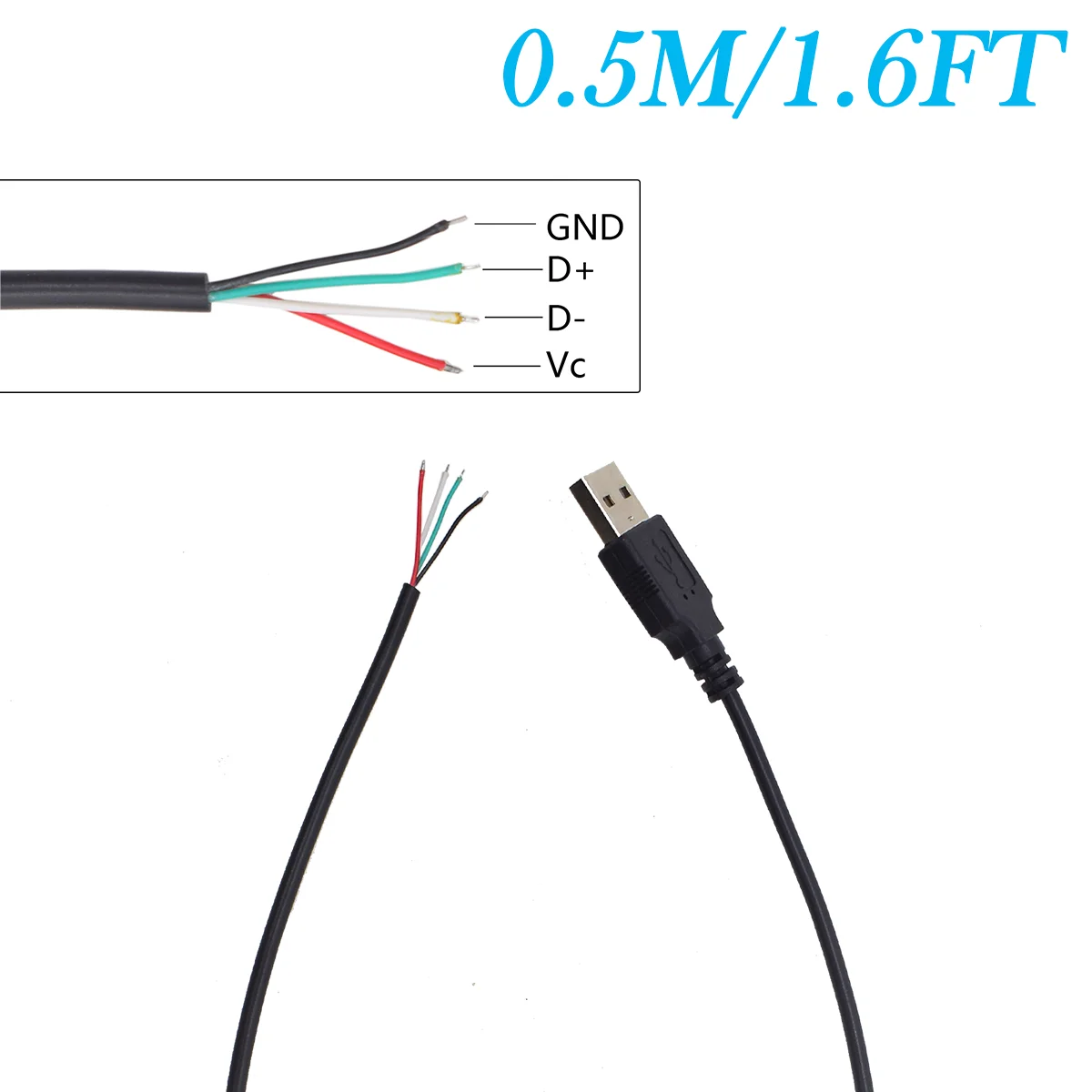 Short USB 2.0 Pigtail 4 Wire - 0.5M/1.6FT 5V/1A USB A Male 4 Pin Bare Wire Power and Data Cable for DIY