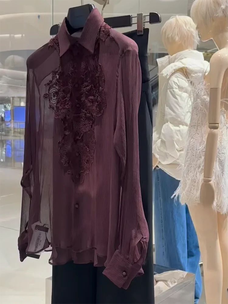 

Ele Long Sve Lace irt Women's Premium Heavy Embroidery Slimming Top Commute Straight Cut Silk Faion Spring 2025