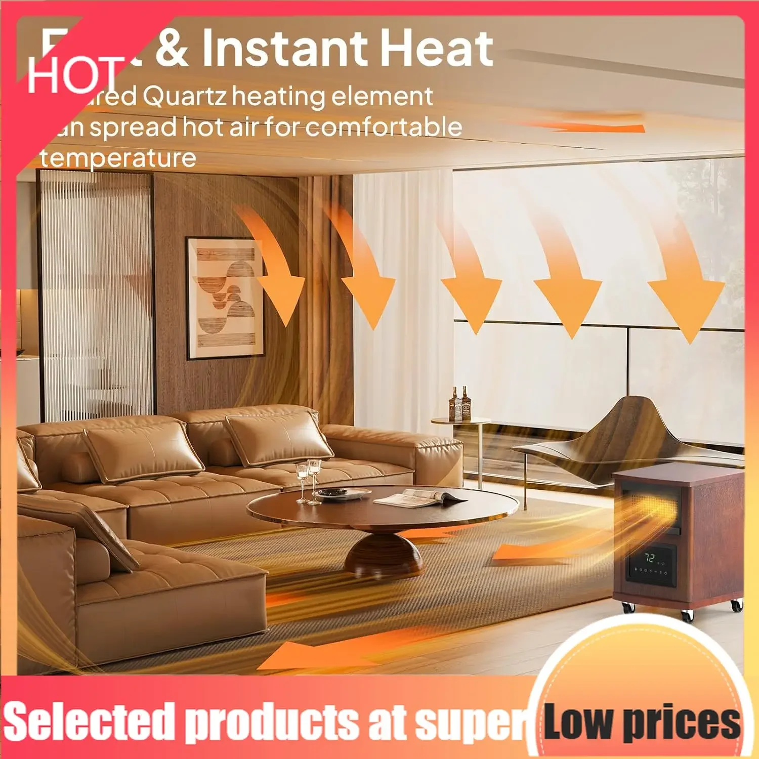 

Competitive Item-1500W Quartz Infrared Heaters, Electric Space Heater With Remote Control, Portabel Handle & Wheels, 12H Timer,