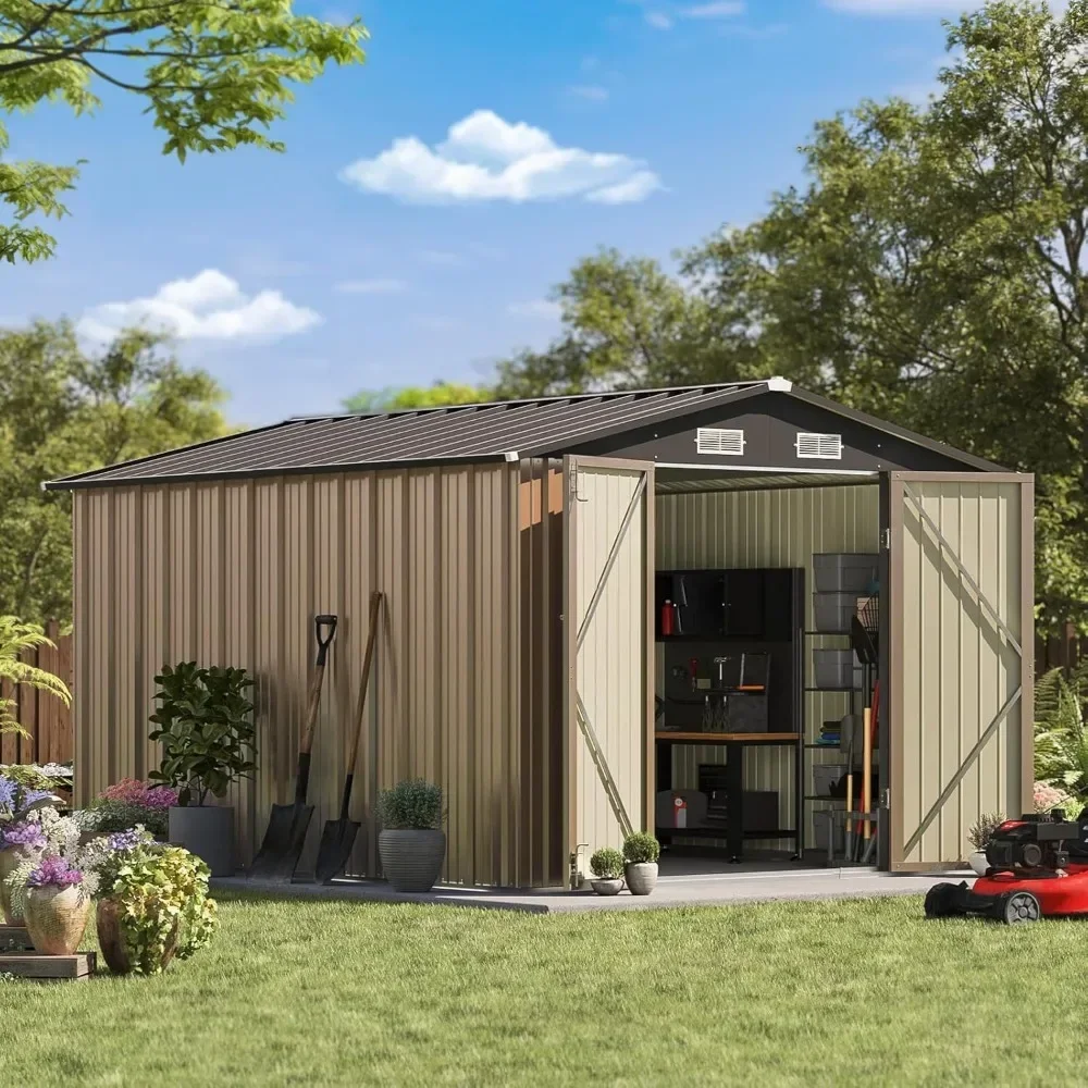 8x10 FT Outdoor Storage Shed, Large Garden Tool Metal Shed with Sloping Roof and Double Lockable Door, Outdoor Shed, Brown