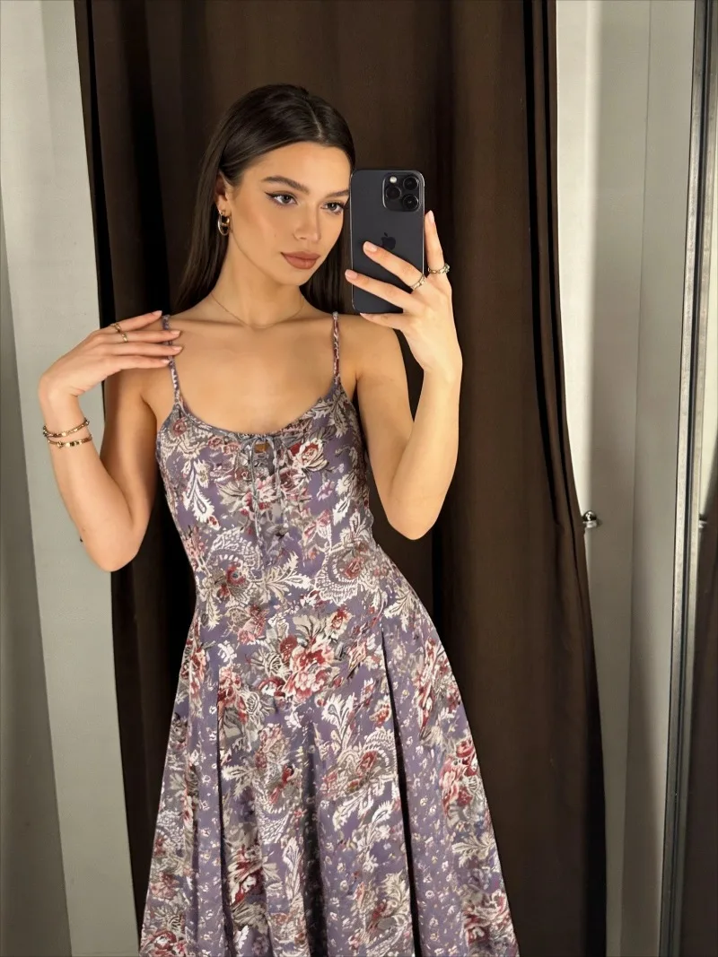 

Праздничное фиолетовое платье-слинг с цветочным принтом пейсли, женское, с бантом, круглым вырезом, перекрестными бретелями, молнией сзади, низкой талией, расклешенное, Vestidos Robe