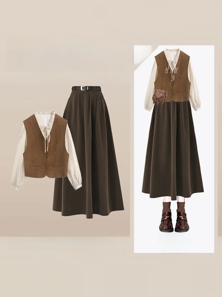 

Autumnal Mermaid Set Women's Artistic Maturi Knitted Vest over irt Vintage Skirt Tee-piece Set Korean Sle Casual...