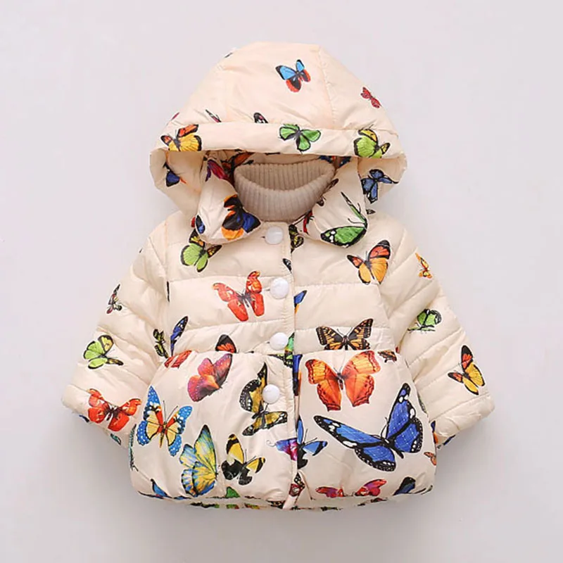 Baby Girls Woolen Parkas Hoodied Coat Outerwear Clothes Infant Girls Winter Warm Cartoon Butterfly Jacket Coat Children Overall