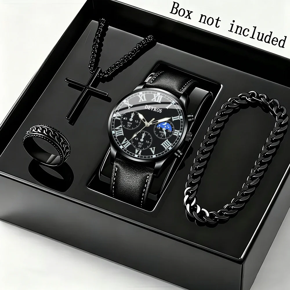 4-Piece Set Men's Business Casual Watch with Silvery Cross Necklace, Bracelet, and Ring, men Quartz Watch, The Best Gift for Men