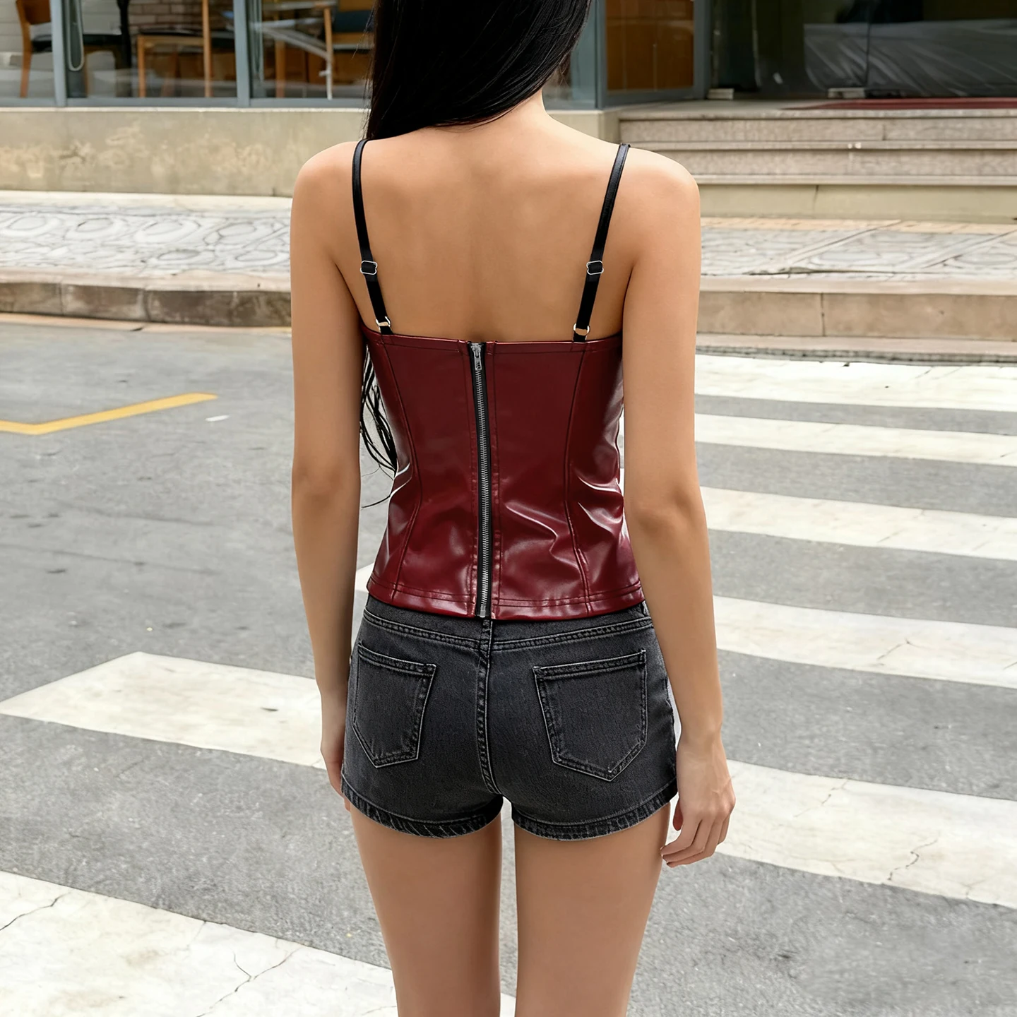 Vintage Patchwork Pu Leder Kontrast Farbe Camis Tops Schmal Anliegende Zipper Slash Neck Ärmellose Tank Tops Frauen 2025, Sommer