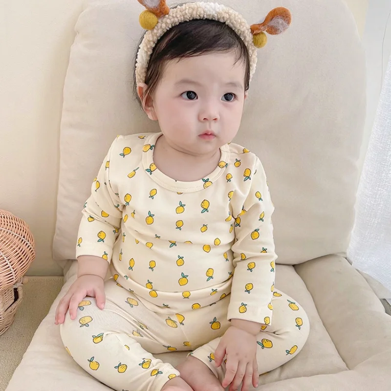 

2025 New Autumn Baby Pajamas Set 100% Cotton High Waist Lemon Print Sleepwear Thermal Underwear for Boys Girls Outfit
