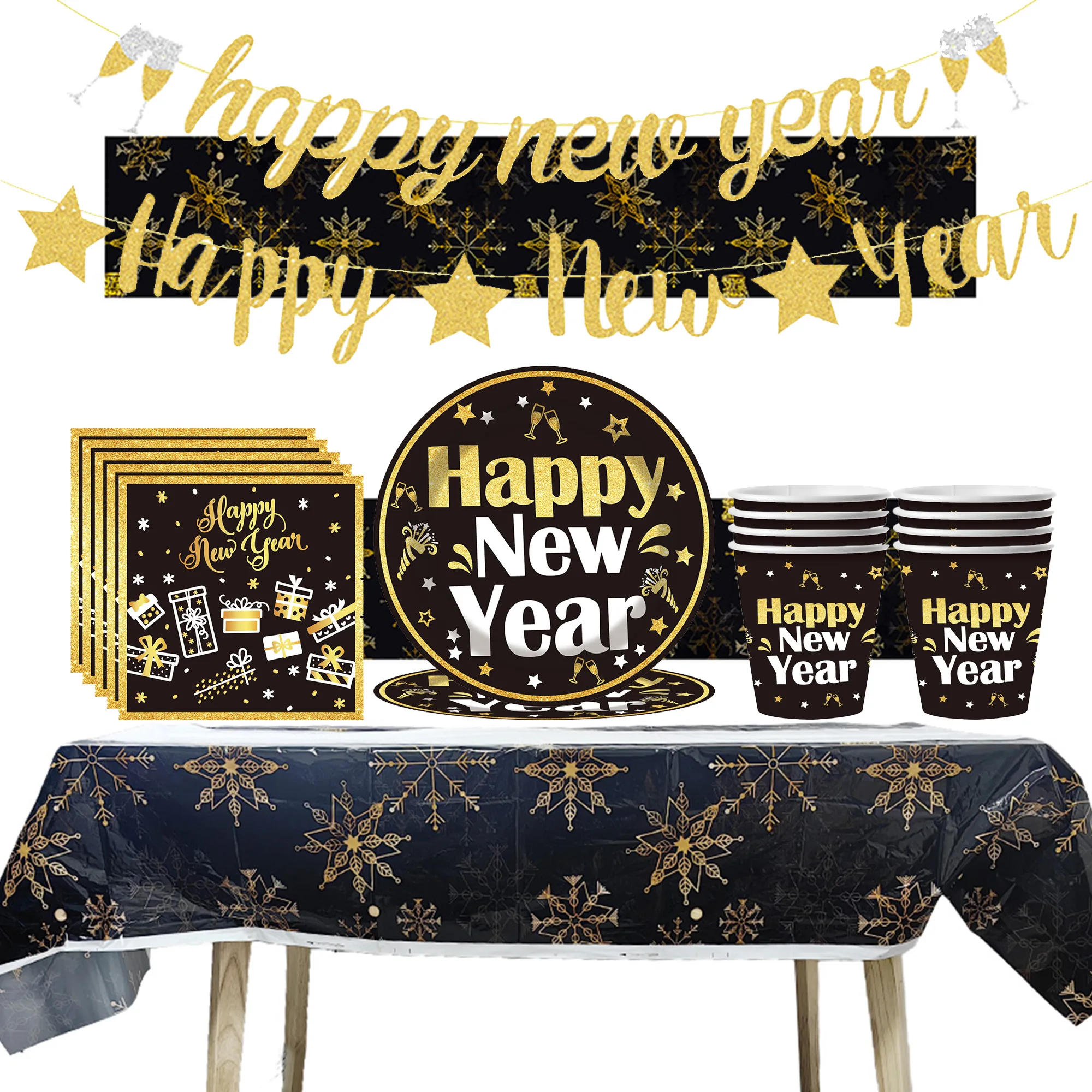 New Years Eve Tableware Party Decoration 2025 Gold Black Disposable Plates Cups Napkin Tablecloth Banner New Year Party Supplies