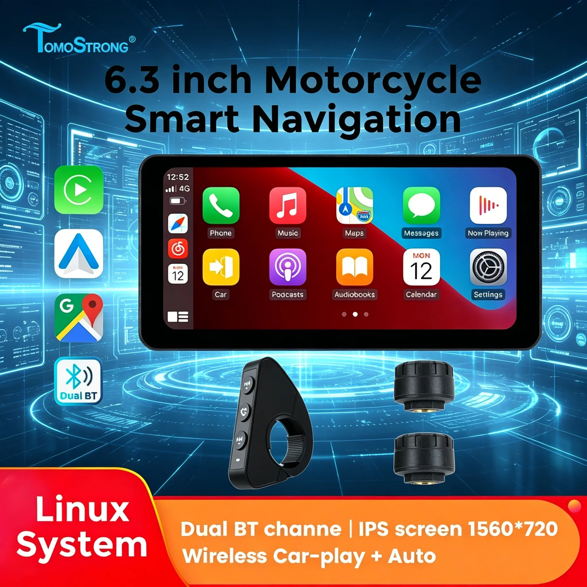 

TomoStrong 6.3" Motorcycle Wireless CarPlay Android Auto SWC Navigation TPMS Monitor Motorcycle Universal Navigation Waterproof