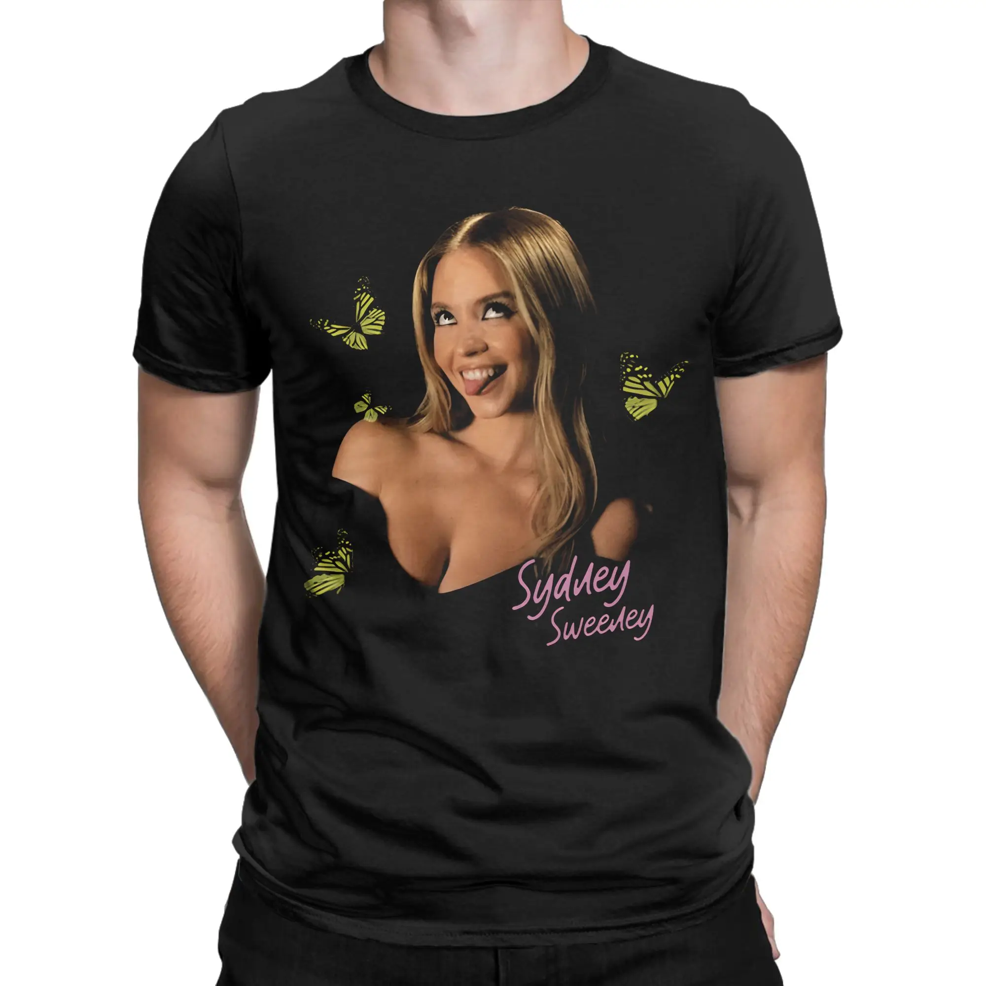 Sydney Sweeney T Shirt Men Cotton Novelty T-Shirts Crewneck Butterfly Tee Shirt Short Sleeve Clothes Plus Size