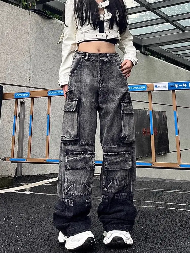 Trashy Y2K 2000S Streetwear Lavato Nero Baggy Cargo Jeans Pantaloni Per Le Donne 90S Abbigliamento Vintage Gamba Larga Hip Hop Lady Pantaloni