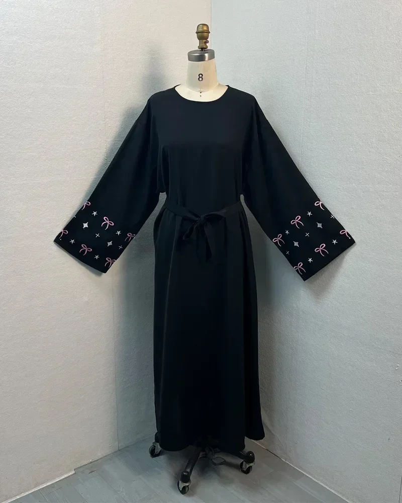 Ramadan Muslim Women Modest Dresses Kaftan Bow Embroidery Morocco Vestidos Dubai Abayas Islam Eid Jalabiya Arab Long Robe