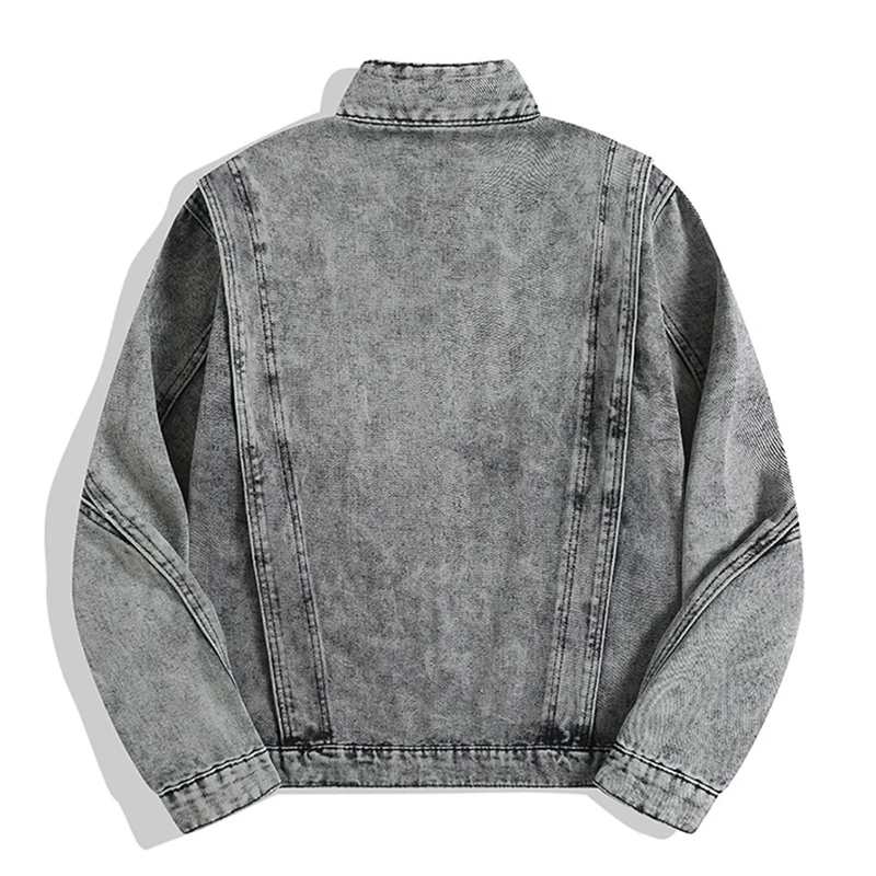 MWJQ Worn-out Denim Jacket Male American Stand Collar Spliced Design High Street Handsome Coats Gray Fashion Spring Tops 010041