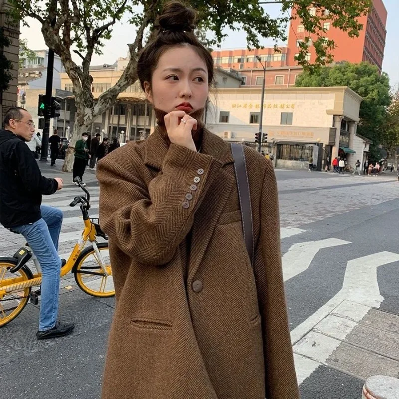 Korean Fashion Lapel One Button Suit Jacket for Autumn and Winter Thick and Loose Retro and High-end Style Coat Female Clothing