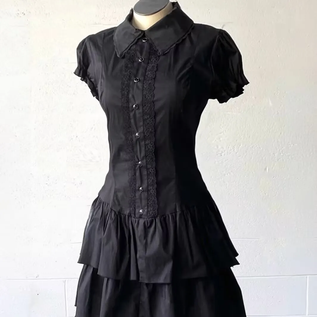 Sukienki vintage czarne Y2k Koronkowa sukienka koszulowa dla kobiet Wyszczuplająca talia Uniwersalne sukienki Krótki rękaw Vestidos De Mujer Sukienka letnia