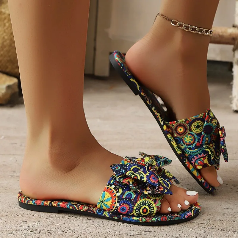 Plus Size Boho Bow Sandals Round Toe Open Toe Flat Casual Flip Flops Ethnic Style Soft Sole Printed Slippers