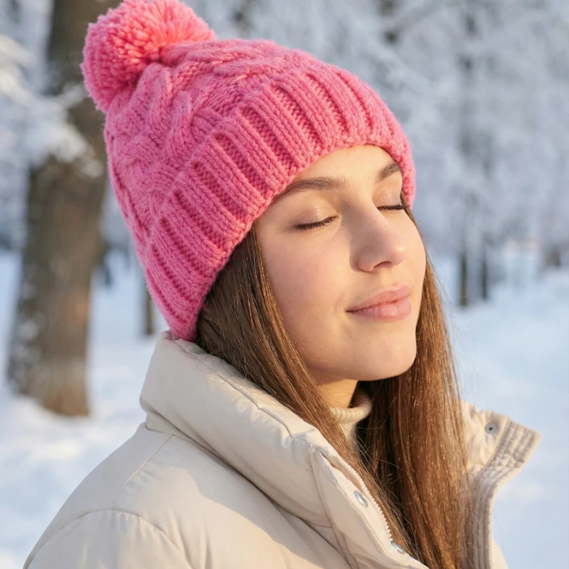 1 Stück Winter-Strickmütze mit Wollknäuel für Damen, Unisex, dicker und warmer Gehörschutz, Strickmütze, Alltag, Radfahren und Skifahren