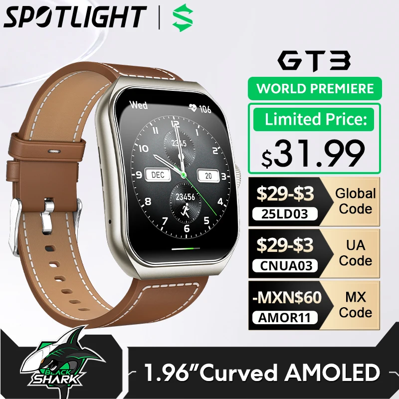 Black Shark Watch GT3 Global Version 1.96'' Curved Display 10 Days Battery Life 24H Health Monitoring 100+ Sport Modes IP68