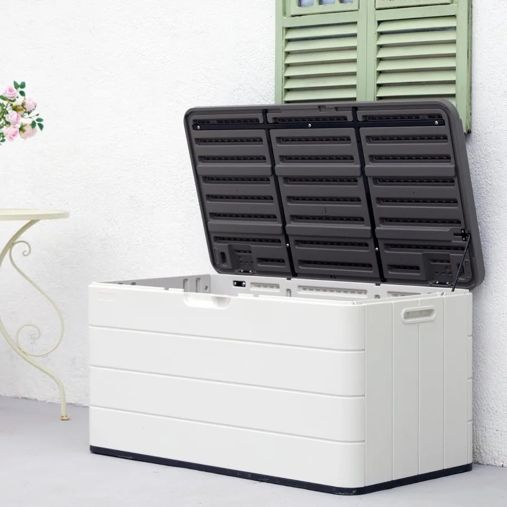 

110 gallon deck box waterproof, double walled resin outdoor storage box, used for storing deck storage of ship tickets