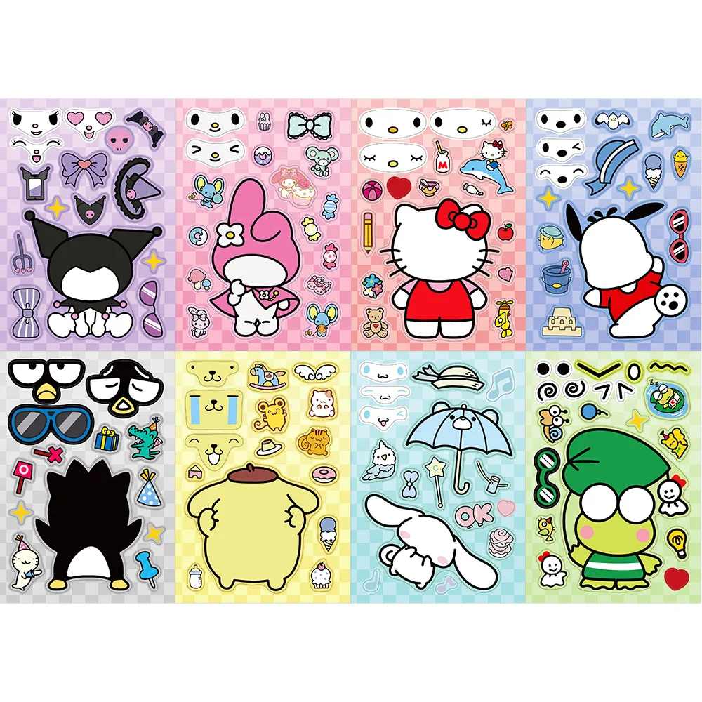 8pcs Cartoon Hello Kitty Kuromi Sanrio Mix Puzzle Anime Stickers Make a Face Assemble Game Decal Assemble Jigsaw Girl Toy Gift