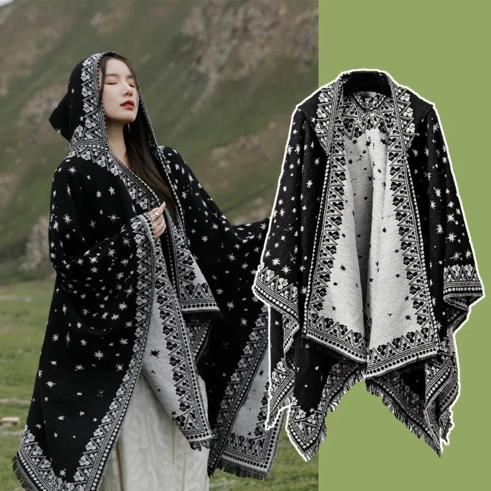 

New Ethnic Style Hooded Shawl Warm Windproof Poncho Capes Large Cloak Ladies