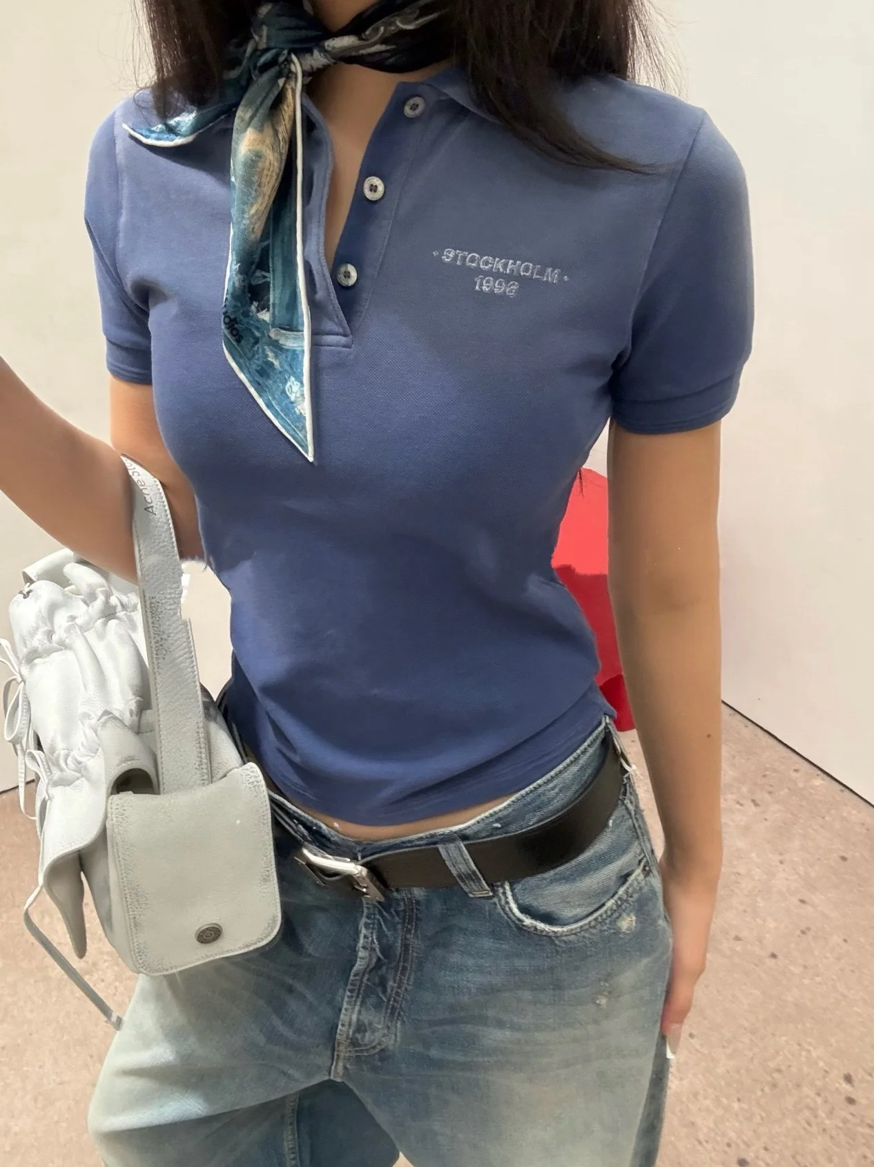 Retro Style Short Sleeve T-Shirt Cotton 100% Letter Print Turn-down Collar Slim Fit  Shirt for Women Vintage Look