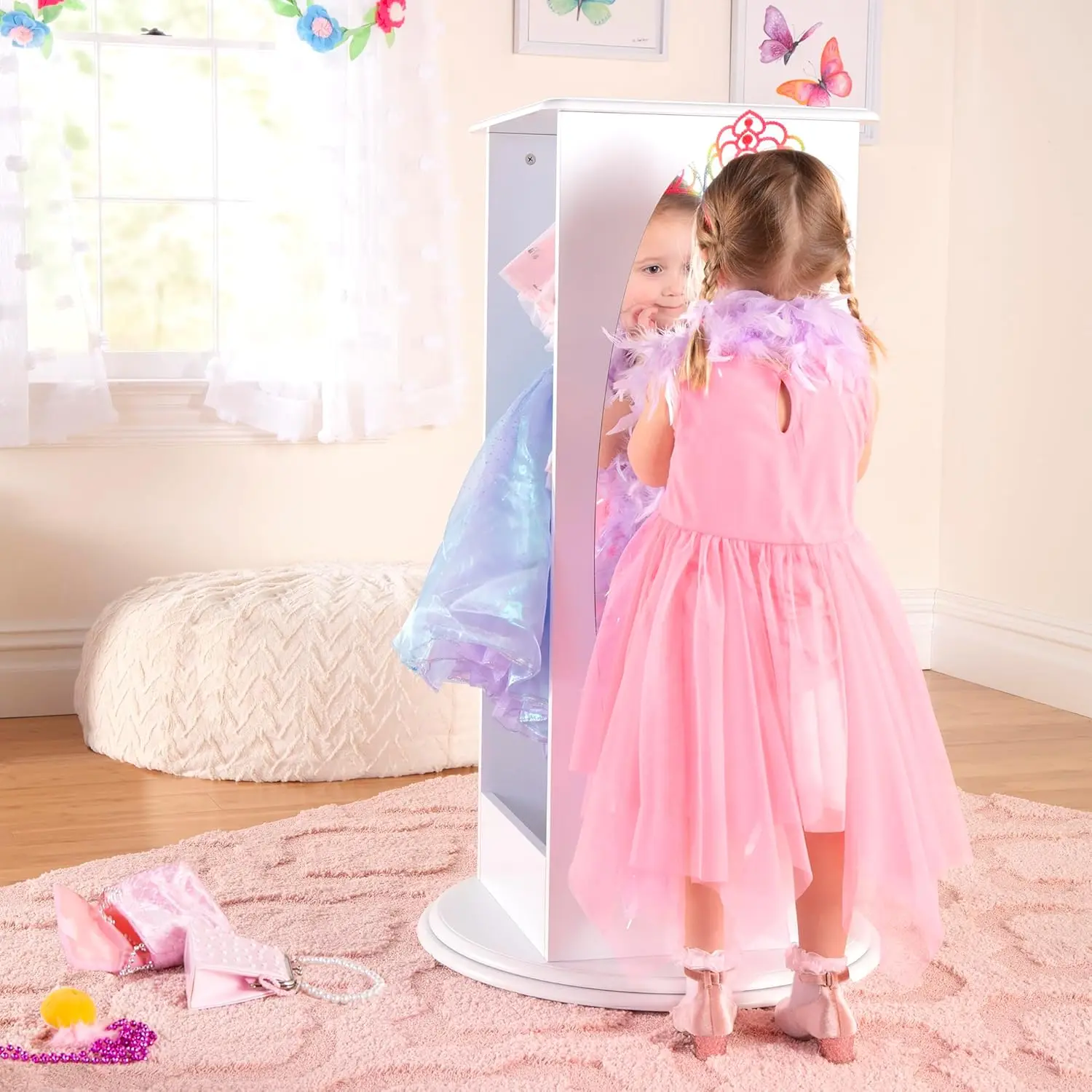 Rotating Dress-Up Storage - White: Kids' Armoire with 2 Mirrors, Cubbies & Hooks for Costumes, Clothes, Shoes and Accessories -