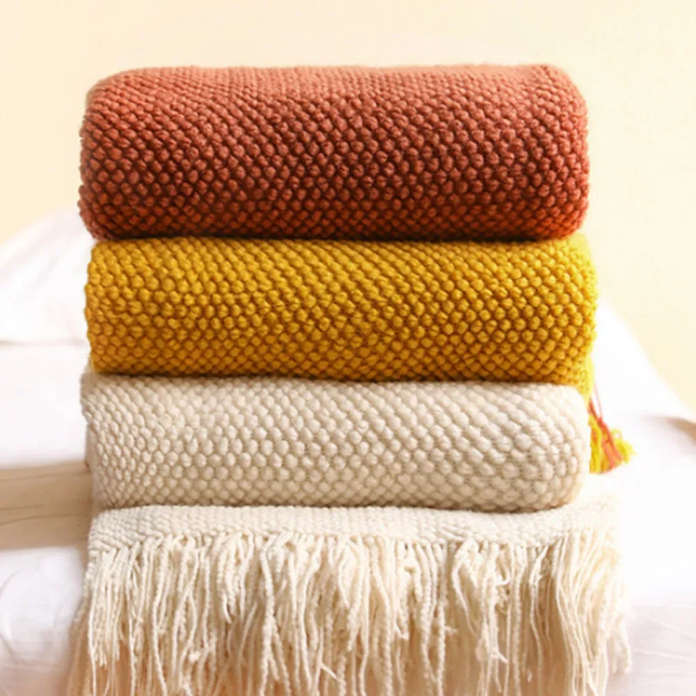 Nordic Knitted Throw Blanket with Tassels Corn Grain Waffle Embossed Throw Blanket for Beds Travel Nap Blanket Shawl Scarf