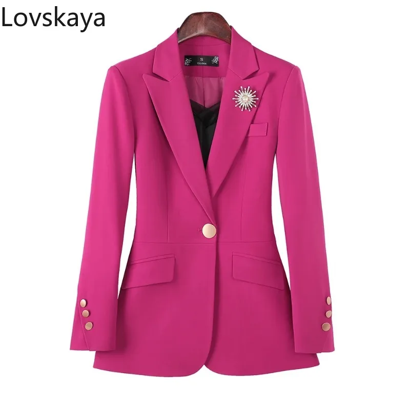 

Women Single Button Business Work Wear Slim Jacket Long Sleeve Formal Blazer Coat Pink Blue Black Solid Female