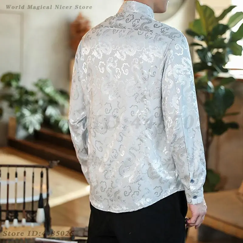 Men Chinese Dragon Shirt Coat Black Satin Mandarin Collar Tang Costume Top Large Size 5XL New Year Clothes Male Jackets Hanfu - Image 6