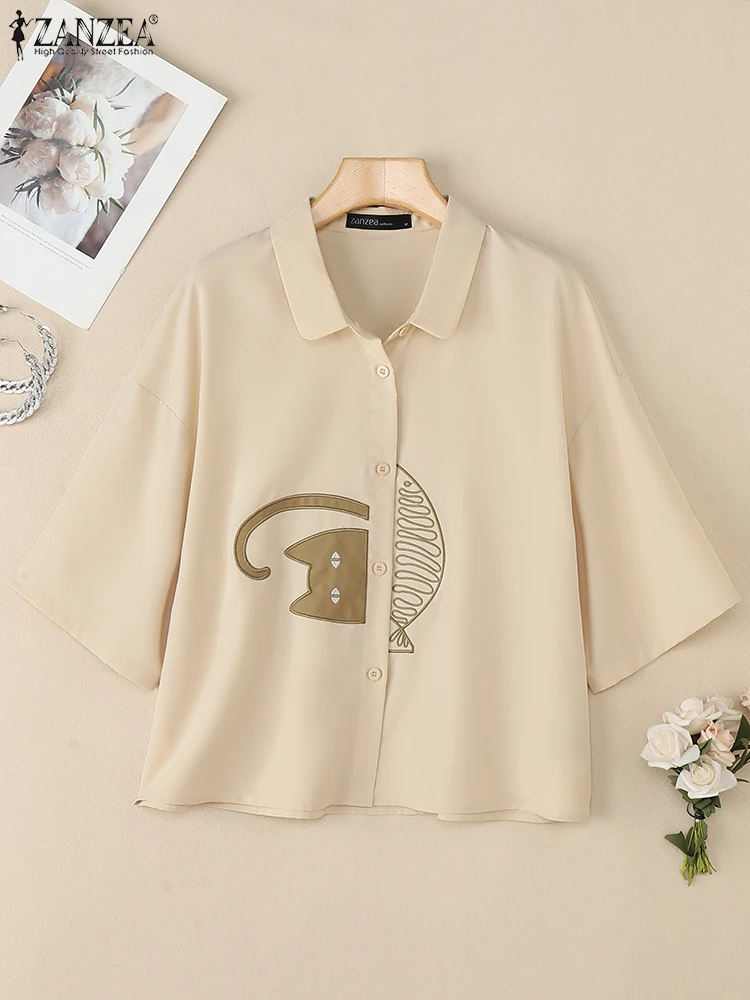 ZANZEA Women's Casual Collared Shirts Summer Drop-Shoulder Short Sleeve Button Up Loose Shirt Stylish Embroidered Cat Tops S-3XL